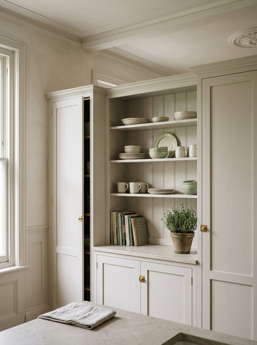 open shelving with pastel crockery, vintage books and a potted herb plant
