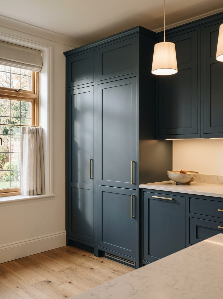 portrait1_600x800-330 Tall view of full-height bespoke kitchen cabinetry, matt painted handleless slab cabinetry