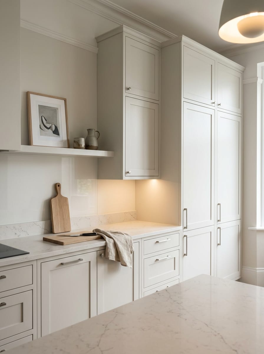 Tall view of full-height bespoke kitchen cabinetry, contemporary painted lay-on cabinetry