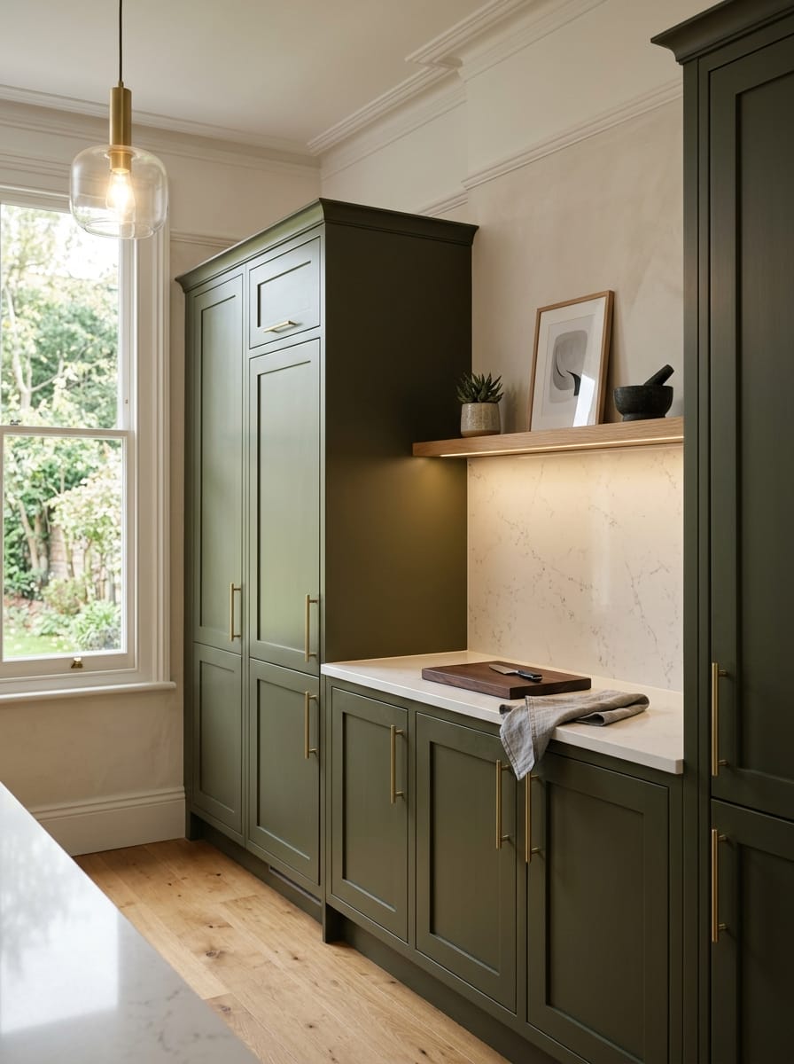 Tall view of full-height bespoke kitchen cabinetry, matt painted handleless slab cabinetry