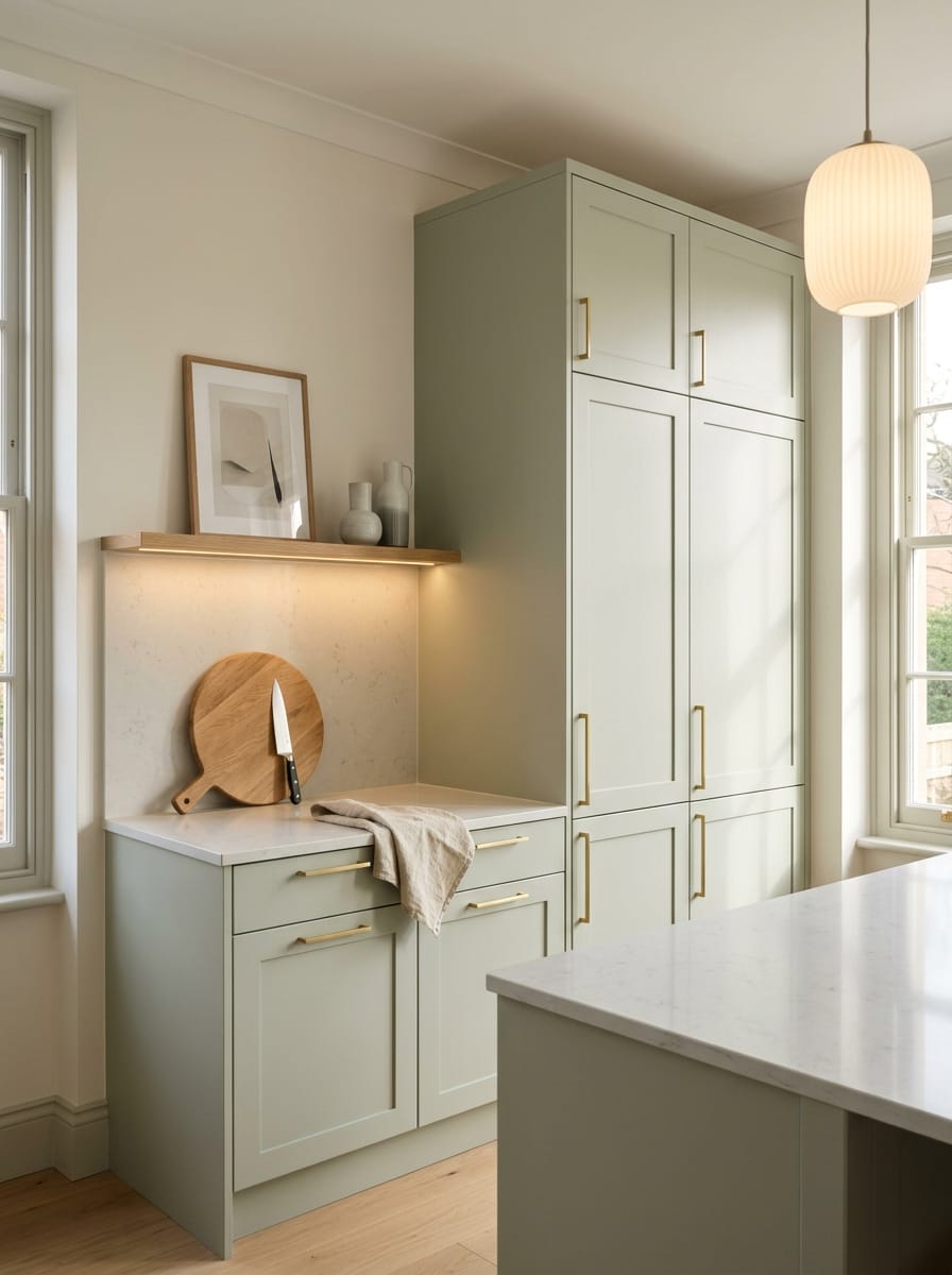 Tall view of full-height bespoke kitchen cabinetry, matt painted handleless slab cabinetry