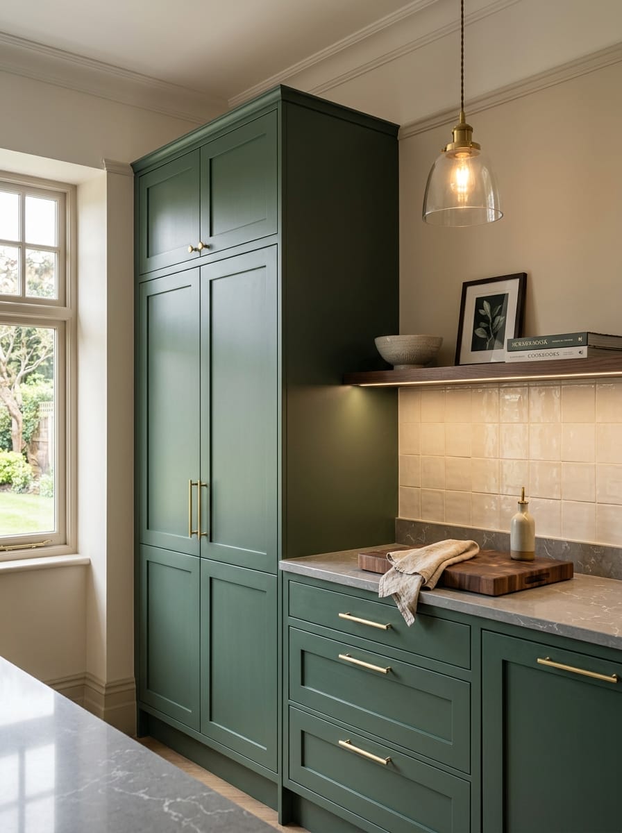Tall view of full-height bespoke kitchen cabinetry, modern shaker cabinetry