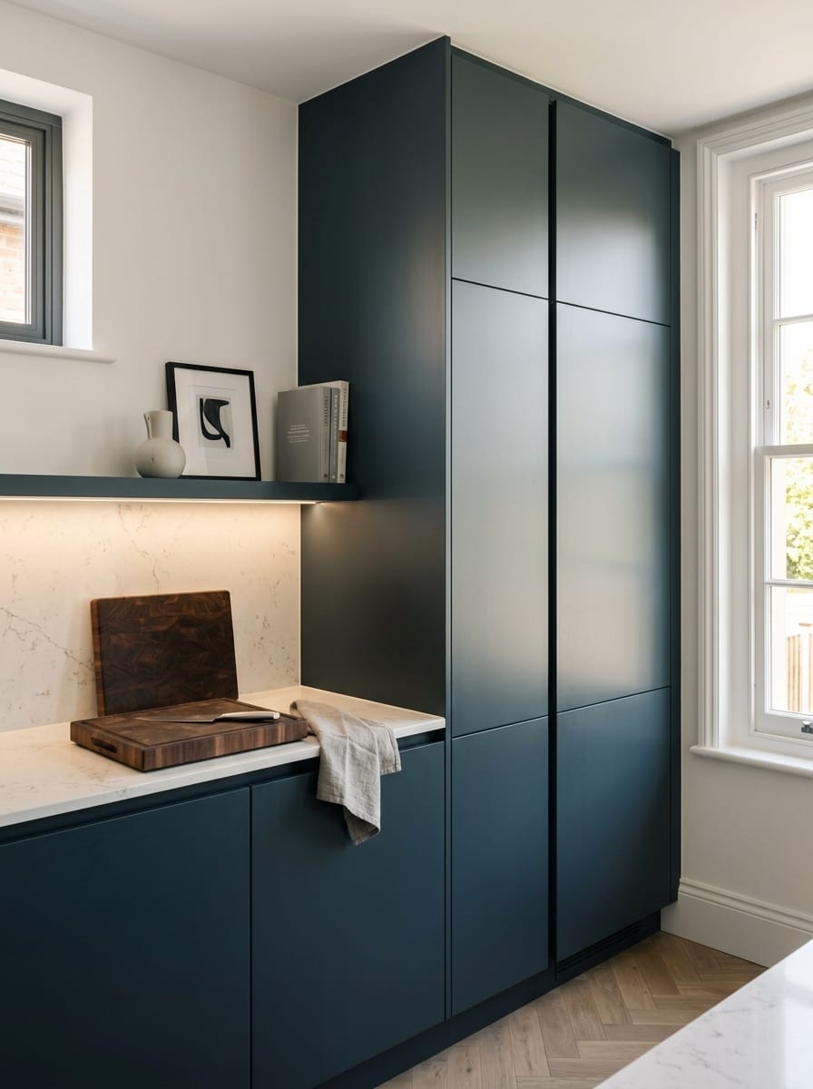 portrait1_600x800-337 Tall view of full-height bespoke kitchen cabinetry, contemporary painted lay-on cabinetry