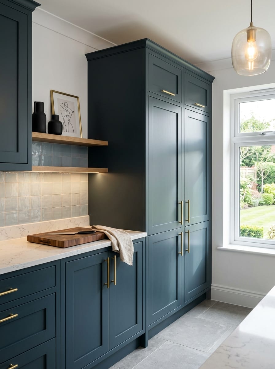 Tall view of full-height bespoke kitchen cabinetry, matt painted handleless slab cabinetry