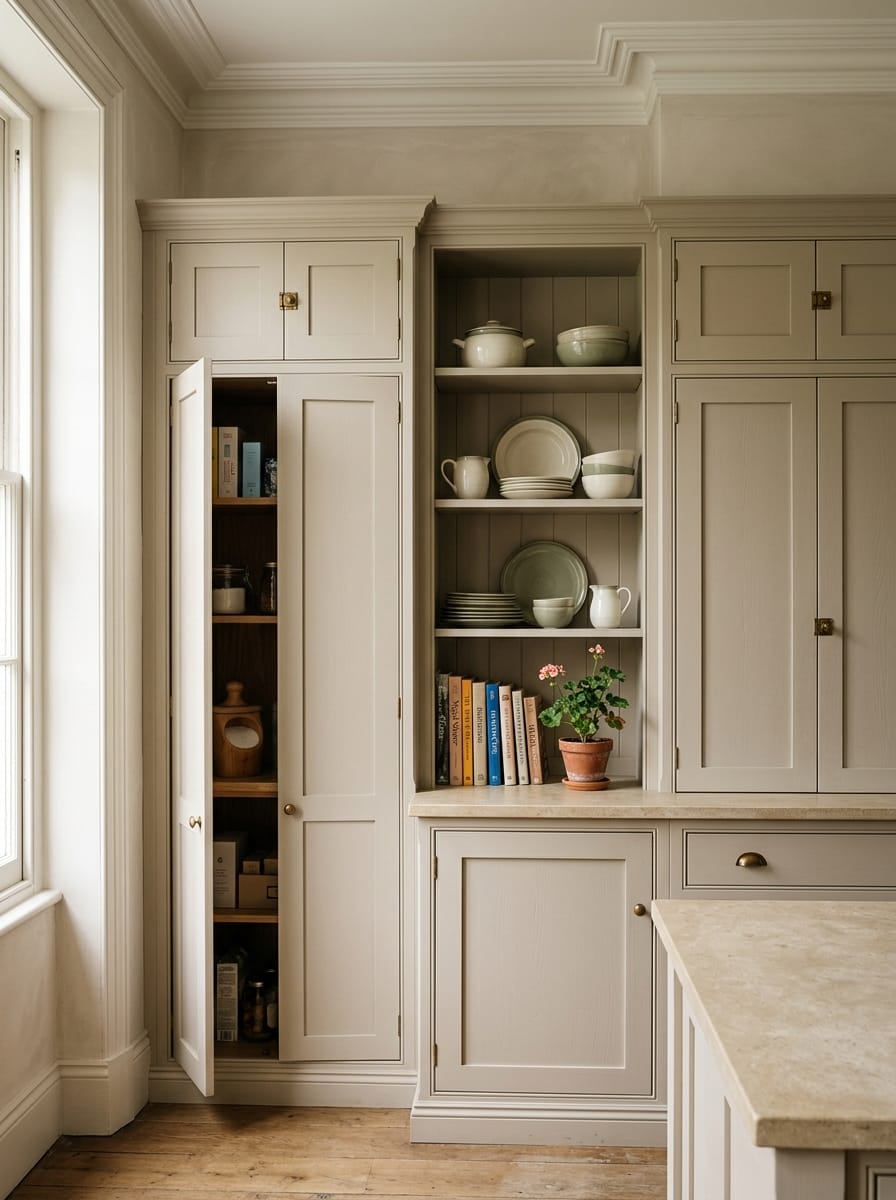 Tall view of full-height bespoke kitchen cabinetry, painted lay-on shaker cabinetry