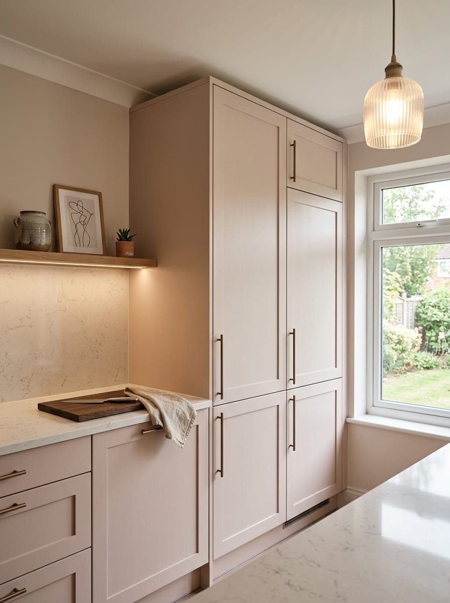 Tall view of full-height bespoke kitchen cabinetry, timber veneer slab-door cabinetry