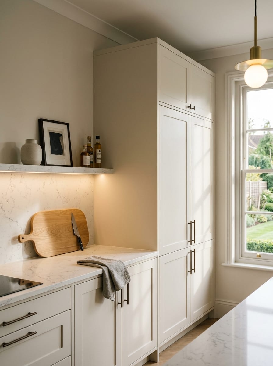 Tall view of full-height bespoke kitchen cabinetry, contemporary painted lay-on cabinetry