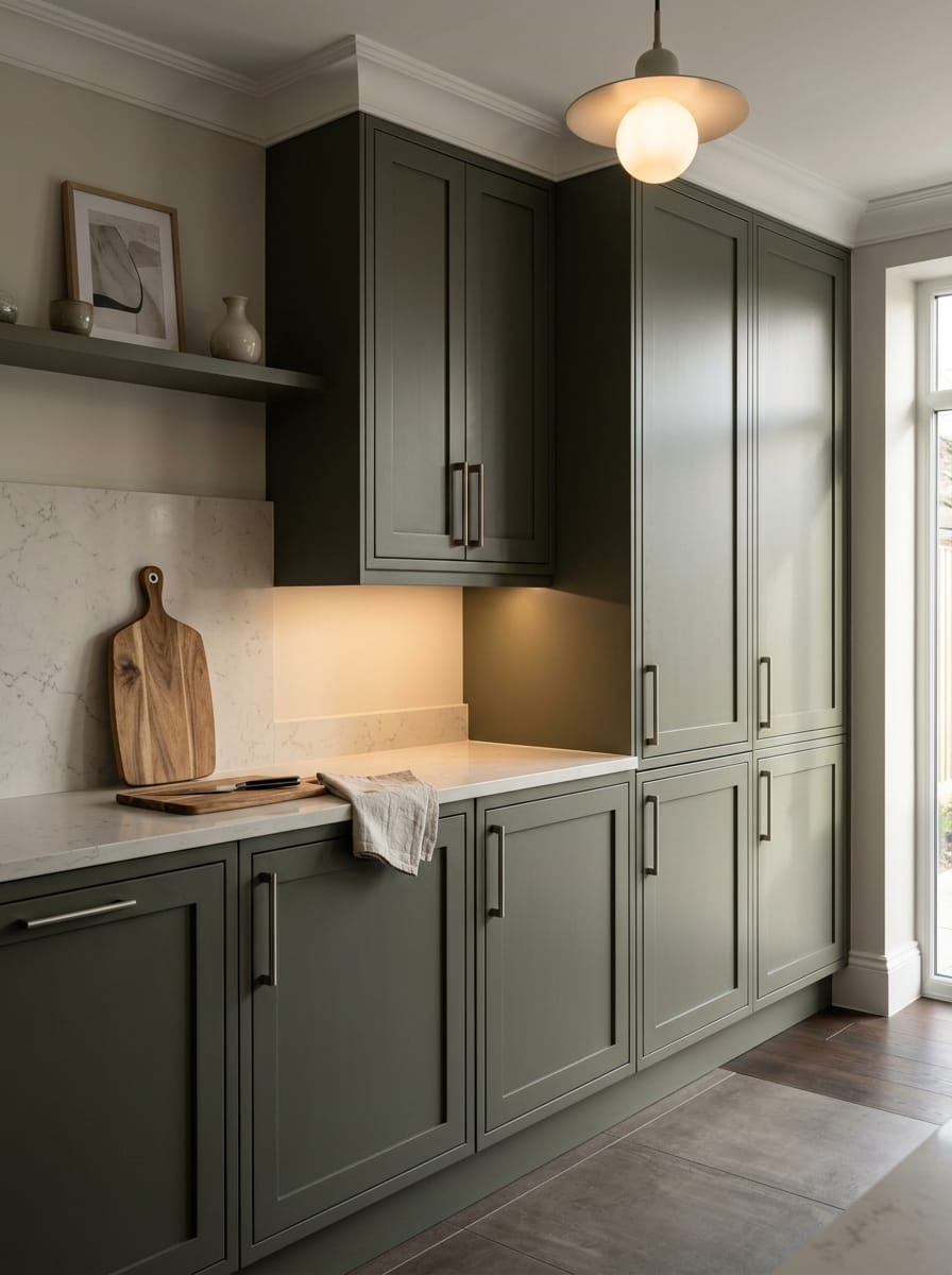 Tall view of full-height bespoke kitchen cabinetry, contemporary painted lay-on cabinetry