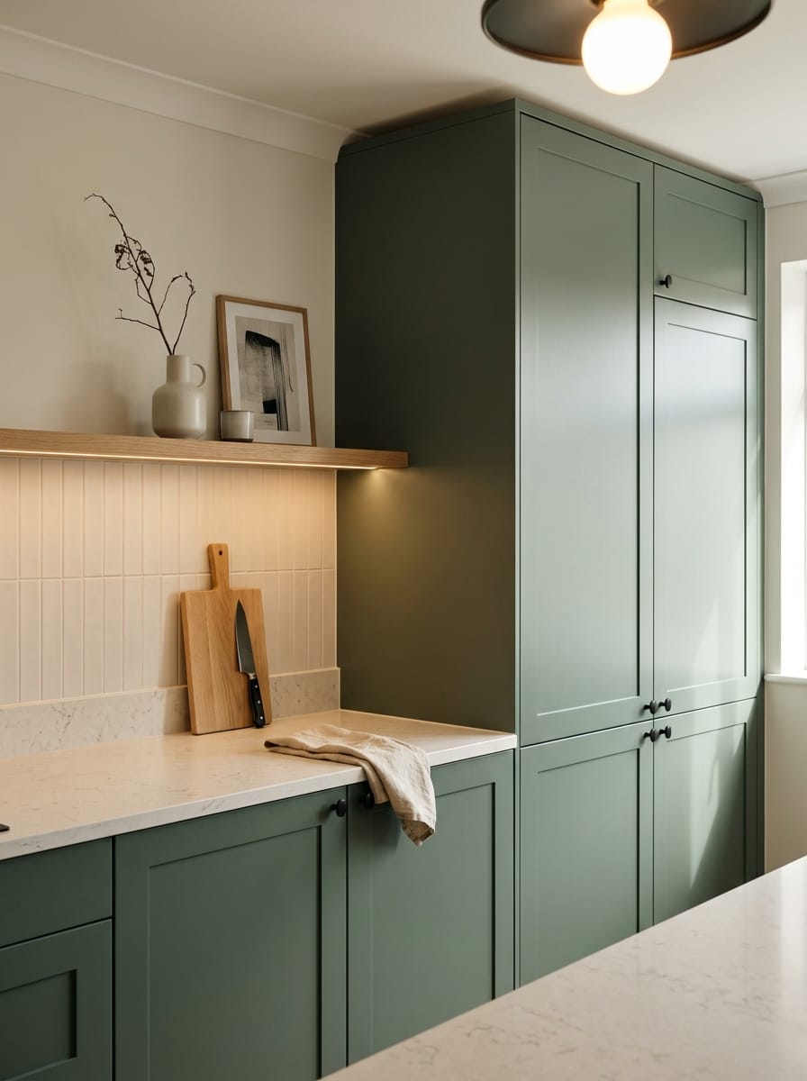 Tall view of full-height bespoke kitchen cabinetry, modern shaker cabinetry