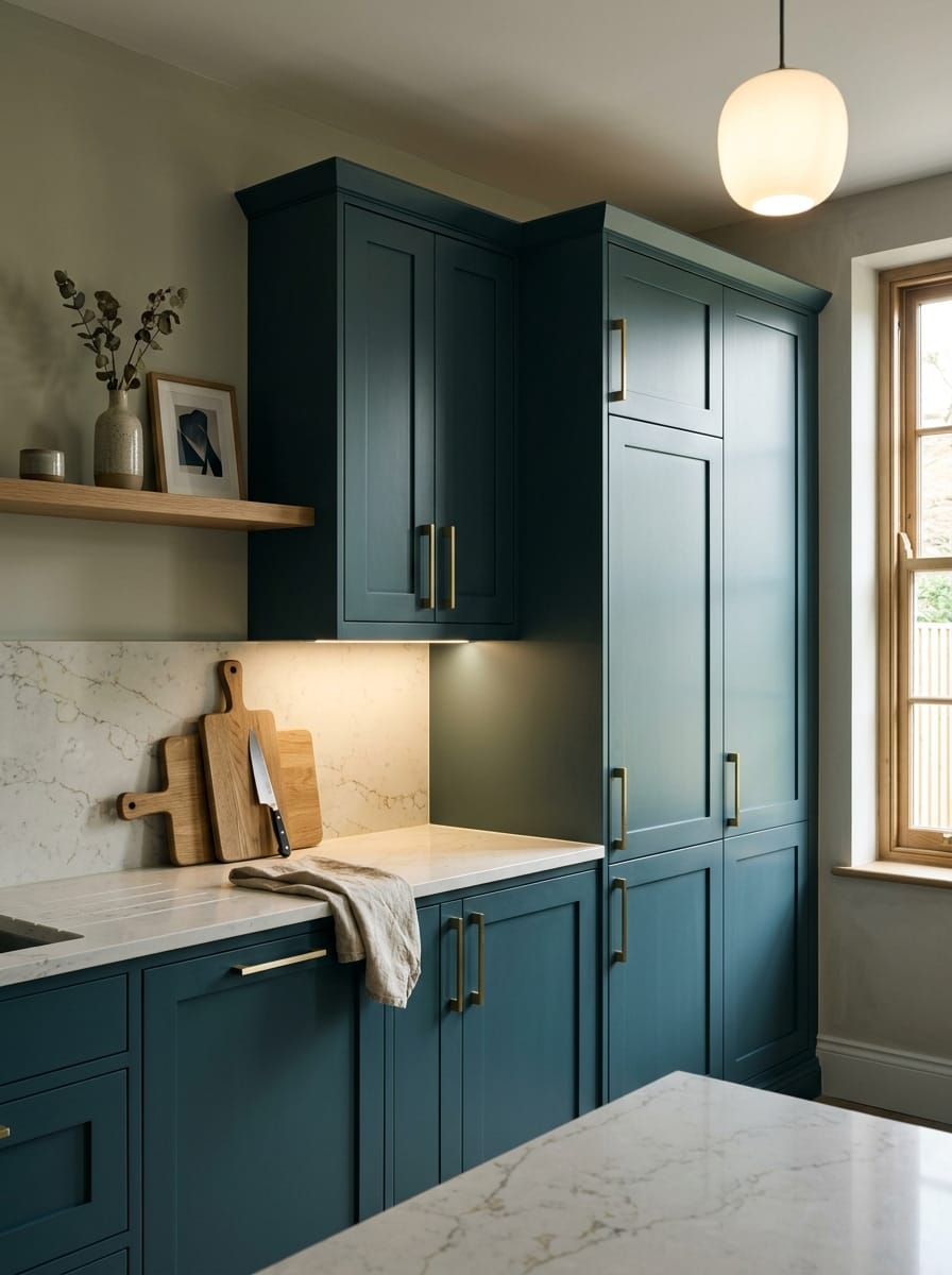 Tall view of full-height bespoke kitchen cabinetry, contemporary painted lay-on cabinetry
