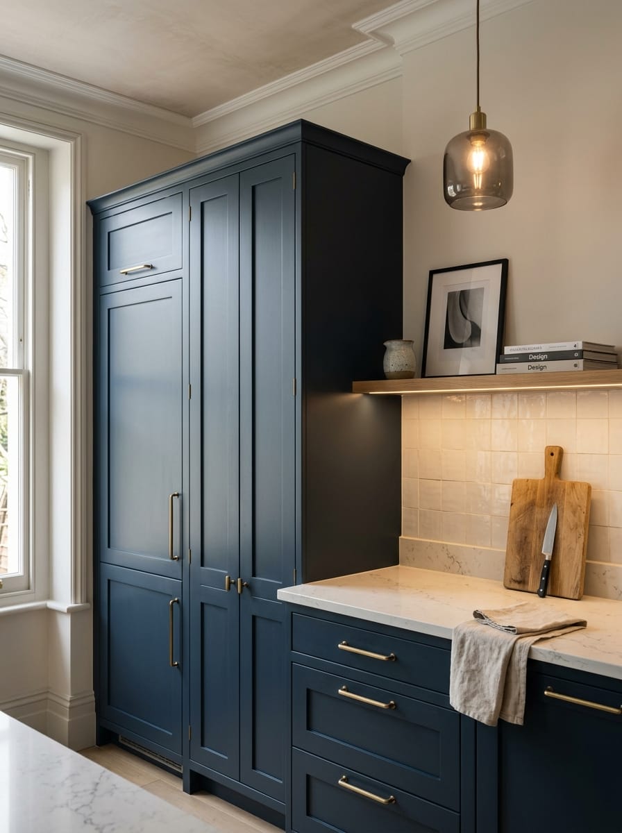 Tall view of full-height bespoke kitchen cabinetry, contemporary painted lay-on cabinetry