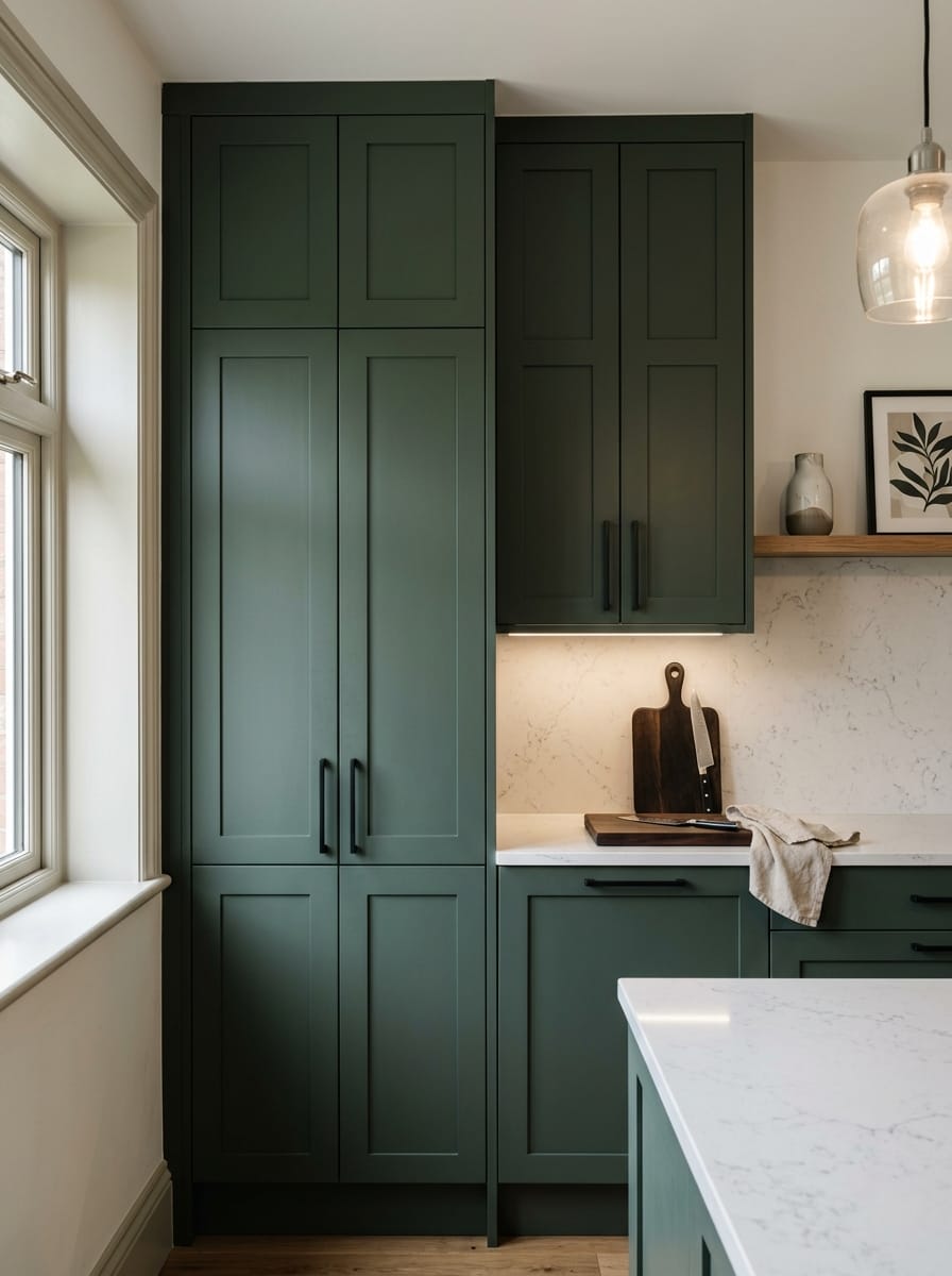 Tall view of full-height bespoke kitchen cabinetry, matt painted handleless slab cabinetry