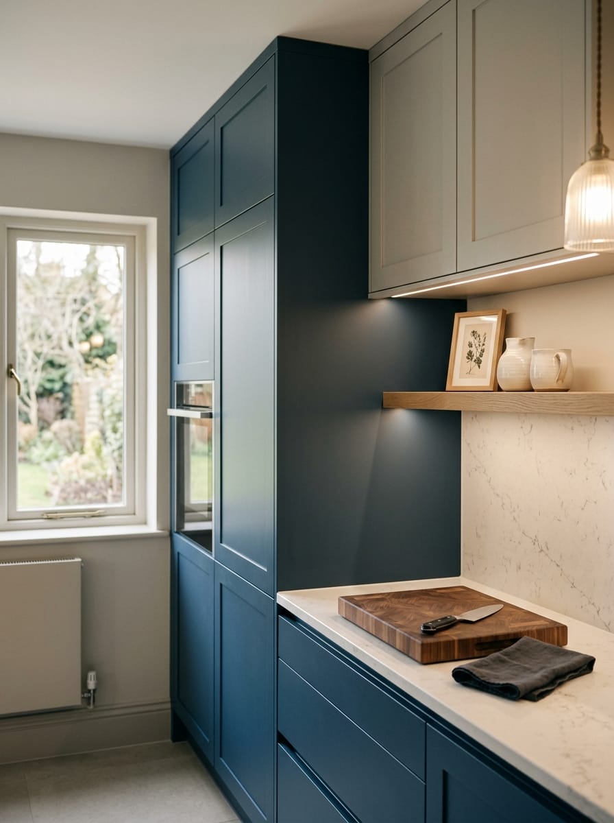 Tall view of full-height bespoke kitchen cabinetry, contemporary in-frame cabinetry