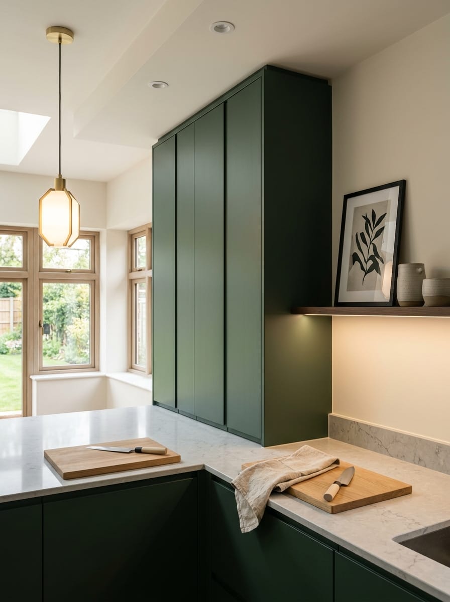 Tall view of full-height bespoke kitchen cabinetry, timber veneer slab-door cabinetry