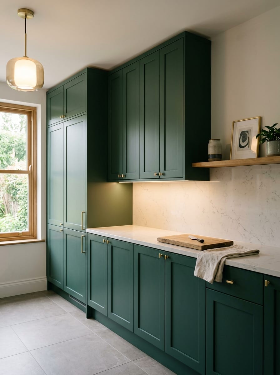 Tall view of full-height bespoke kitchen cabinetry, modern shaker cabinetry