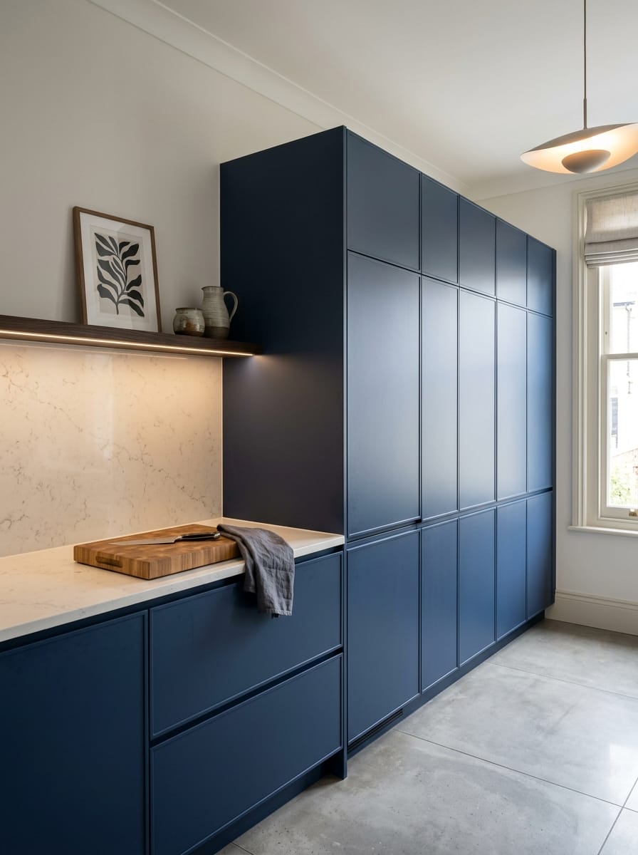 Tall view of full-height bespoke kitchen cabinetry, modern shaker cabinetry