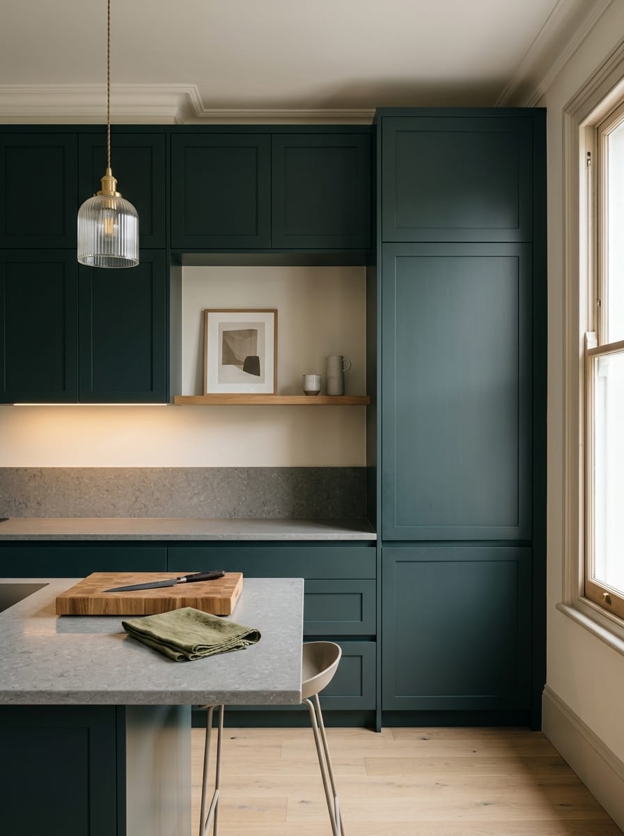 Tall view of full-height bespoke kitchen cabinetry, timber veneer slab-door cabinetry