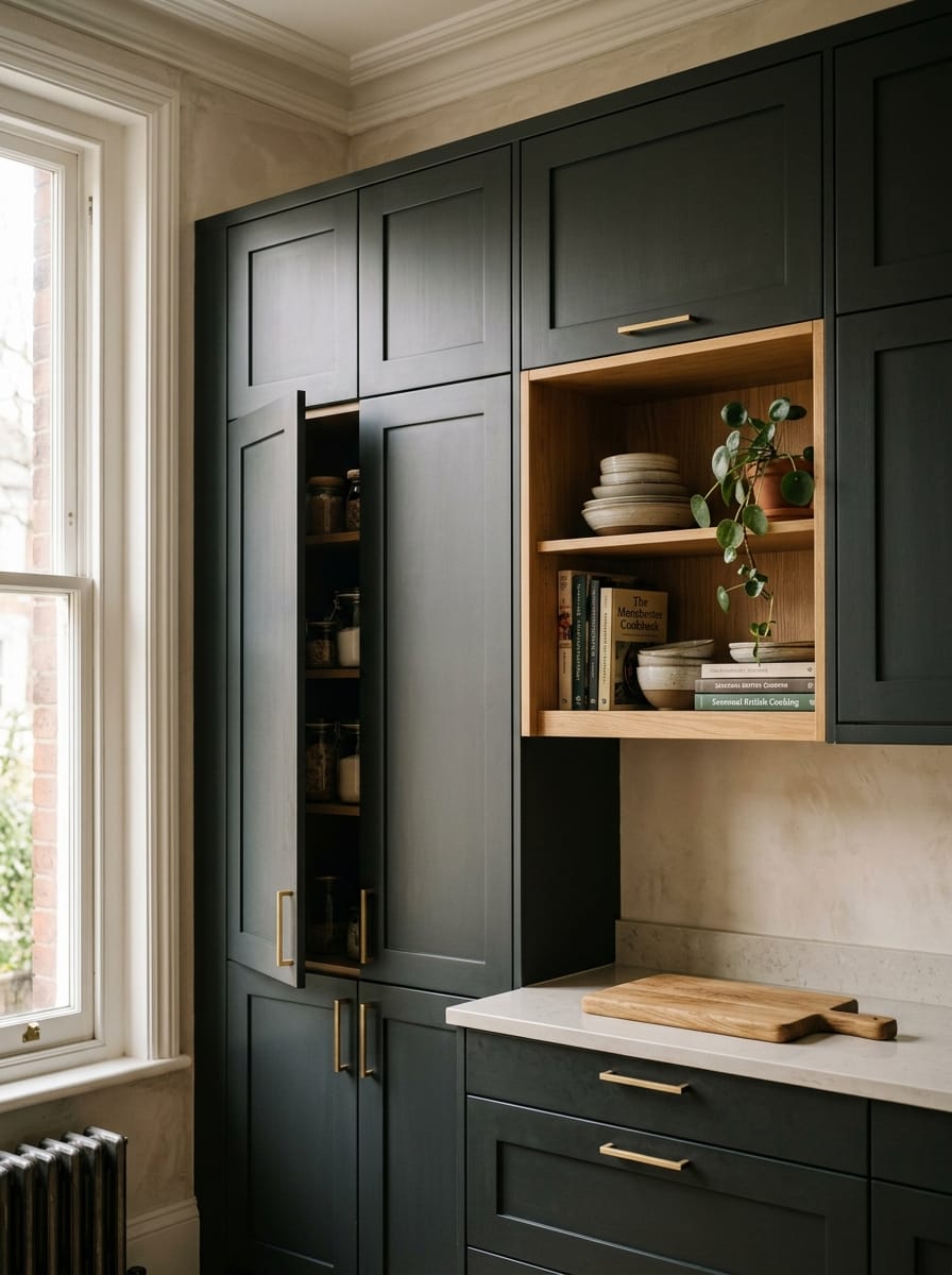 matte dark green cupboards with brass handles and open wooden shelving