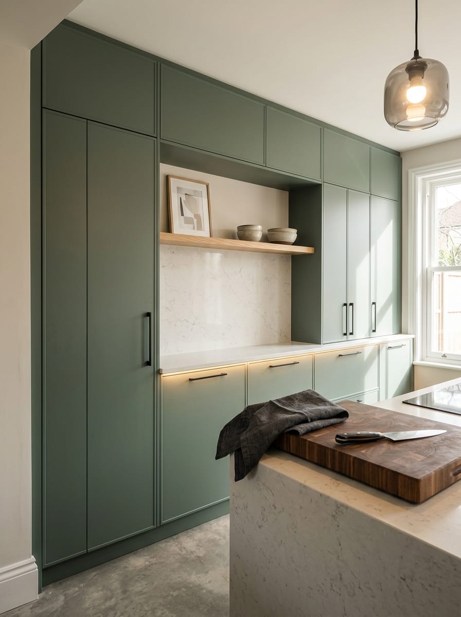 portrait1_600x800-360 Tall view of full-height bespoke kitchen cabinetry, matt painted handleless slab cabinetry