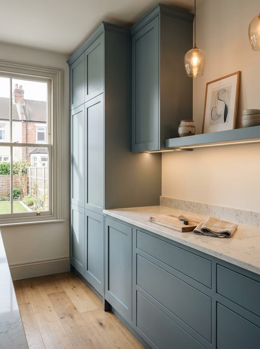 Tall view of full-height bespoke kitchen cabinetry, contemporary painted lay-on cabinetry
