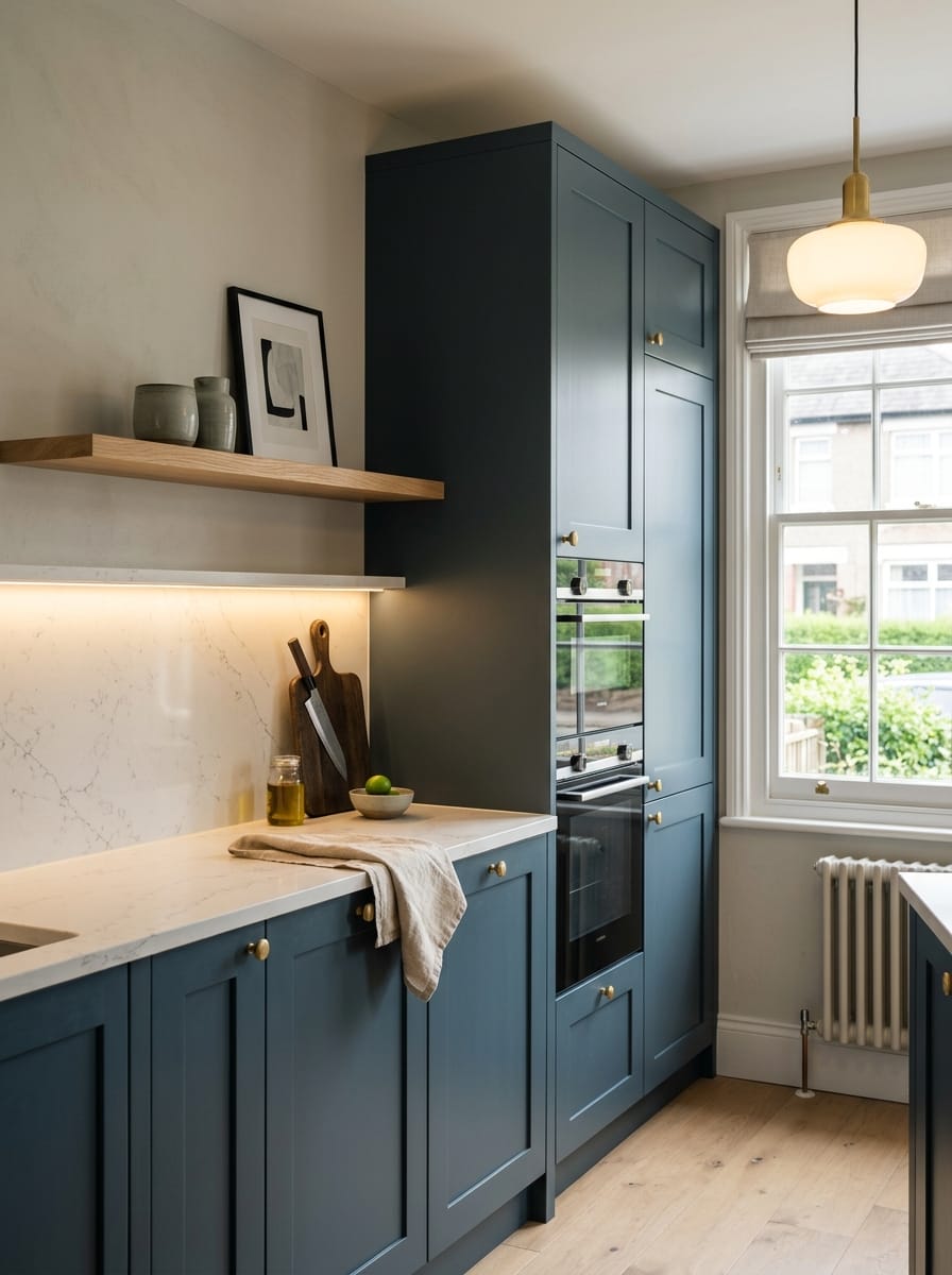 Tall view of full-height bespoke kitchen cabinetry, modern shaker cabinetry