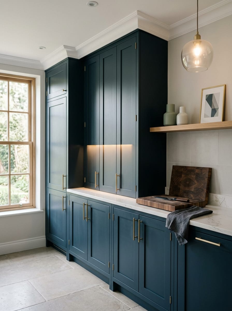 Tall view of full-height bespoke kitchen cabinetry, contemporary painted lay-on cabinetry