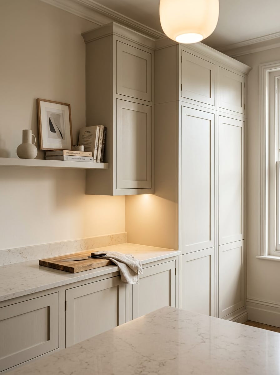 Tall view of full-height bespoke kitchen cabinetry, matt painted handleless slab cabinetry