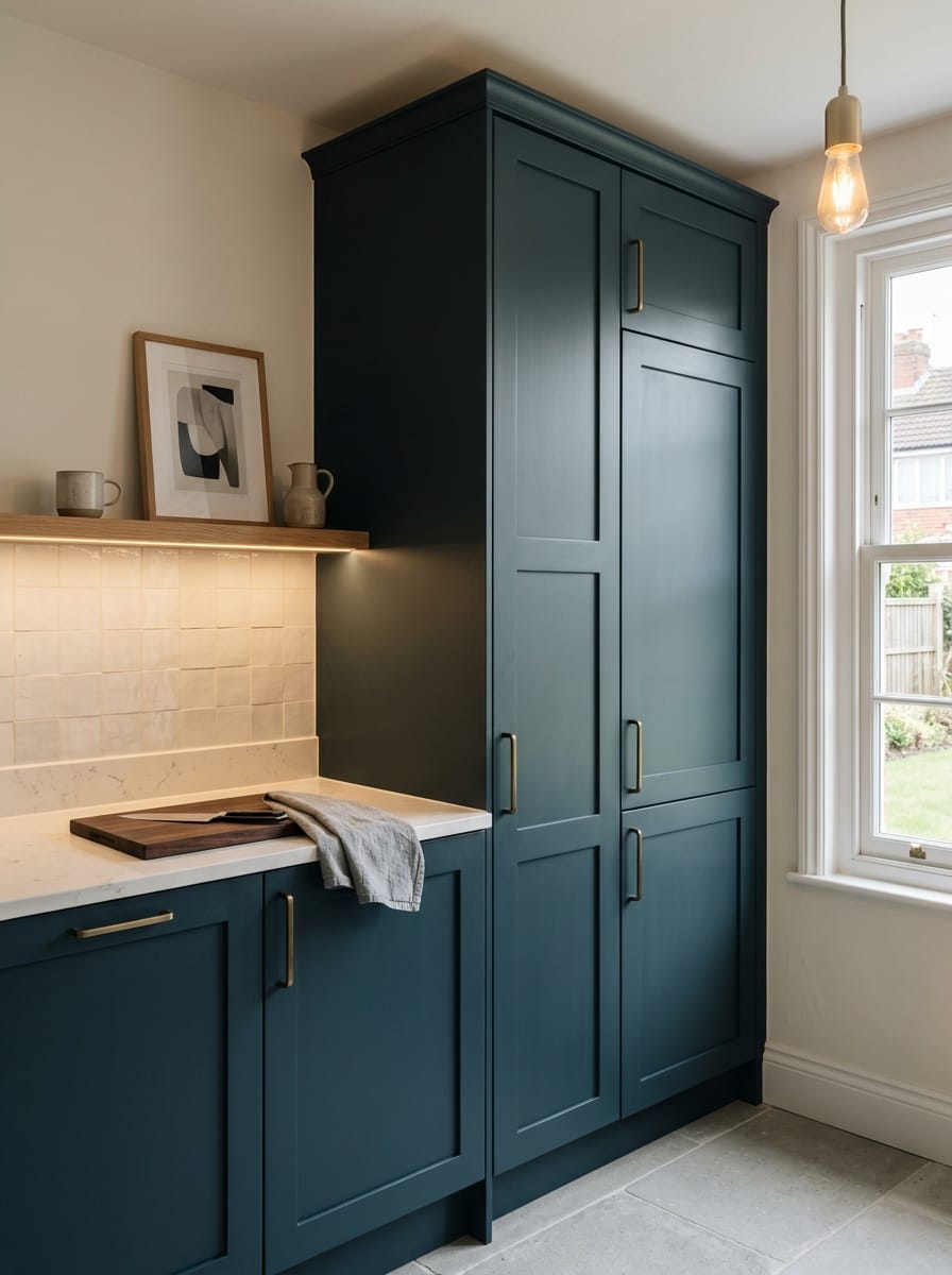 Tall view of full-height bespoke kitchen cabinetry, modern shaker cabinetry