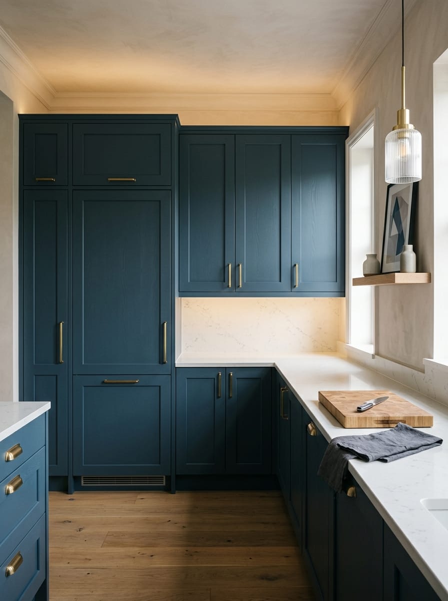 Tall view of full-height bespoke kitchen cabinetry, contemporary painted lay-on cabinetry