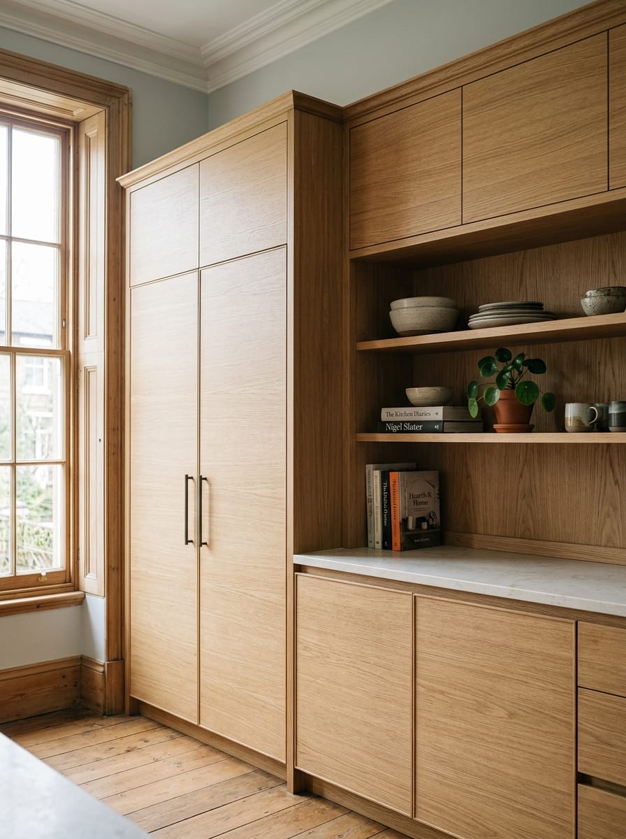 Light oak kitchen with open shelving, white worktop and potted plant