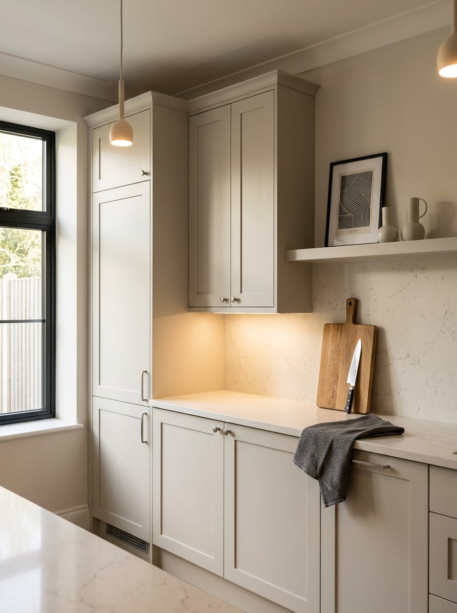 Tall view of full-height bespoke kitchen cabinetry, contemporary in-frame cabinetry