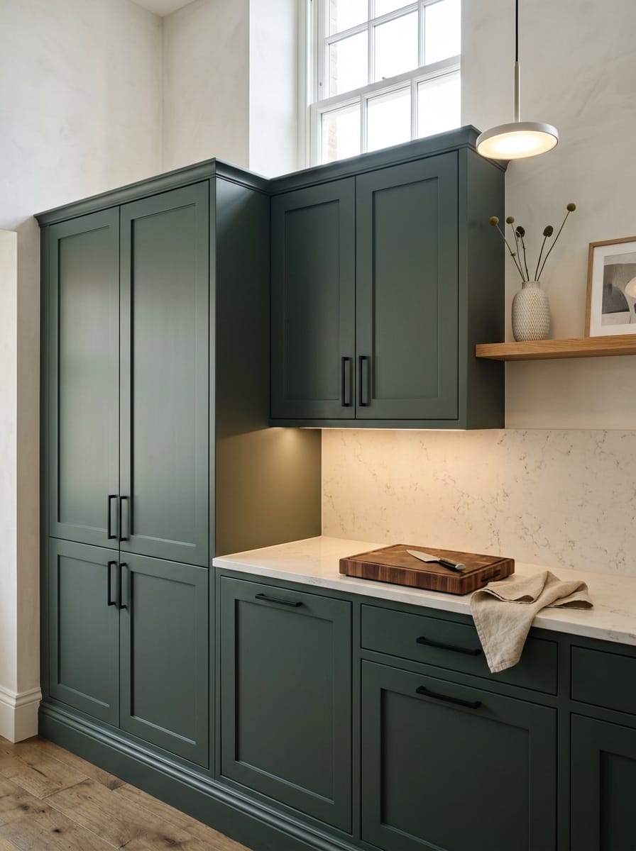Tall view of full-height bespoke kitchen cabinetry, matt painted handleless slab cabinetry