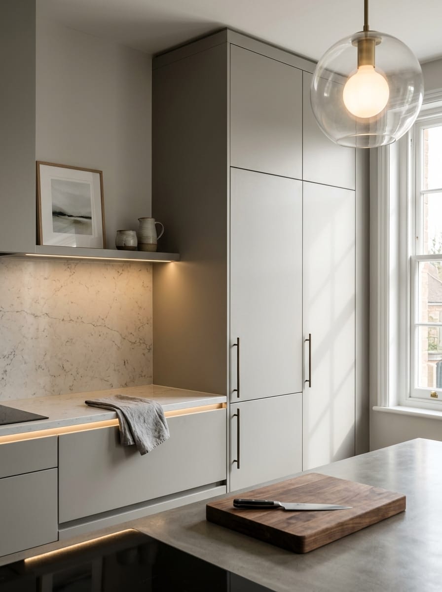 Tall view of full-height bespoke kitchen cabinetry, contemporary painted lay-on cabinetry