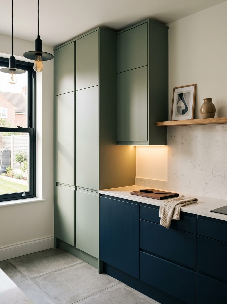 Tall view of full-height bespoke kitchen cabinetry, modern shaker cabinetry