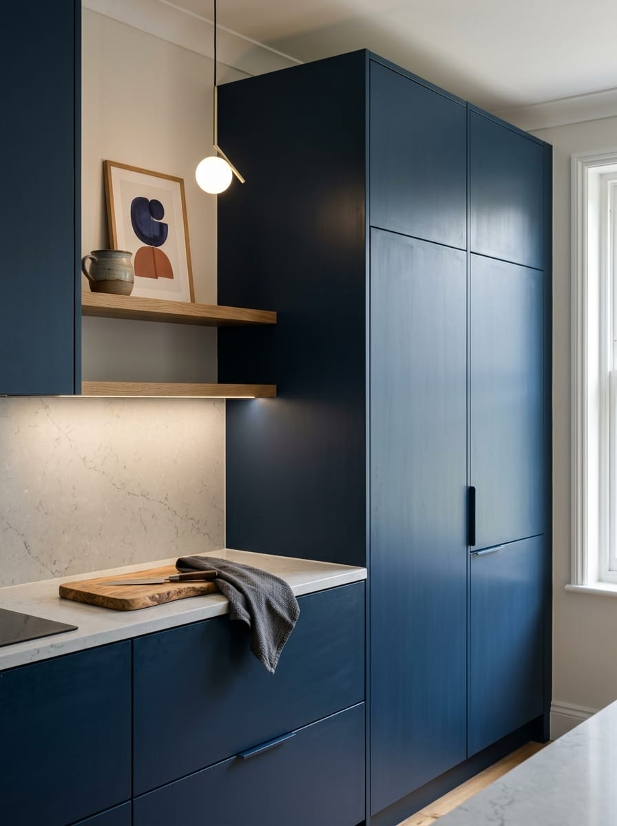 Tall view of full-height bespoke kitchen cabinetry, contemporary in-frame cabinetry