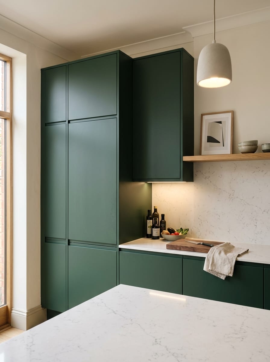 Tall view of full-height bespoke kitchen cabinetry, matt painted handleless slab cabinetry