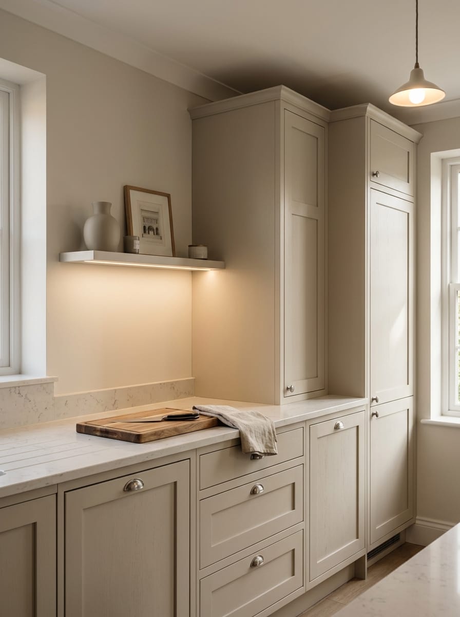 Tall view of full-height bespoke kitchen cabinetry, contemporary painted lay-on cabinetry