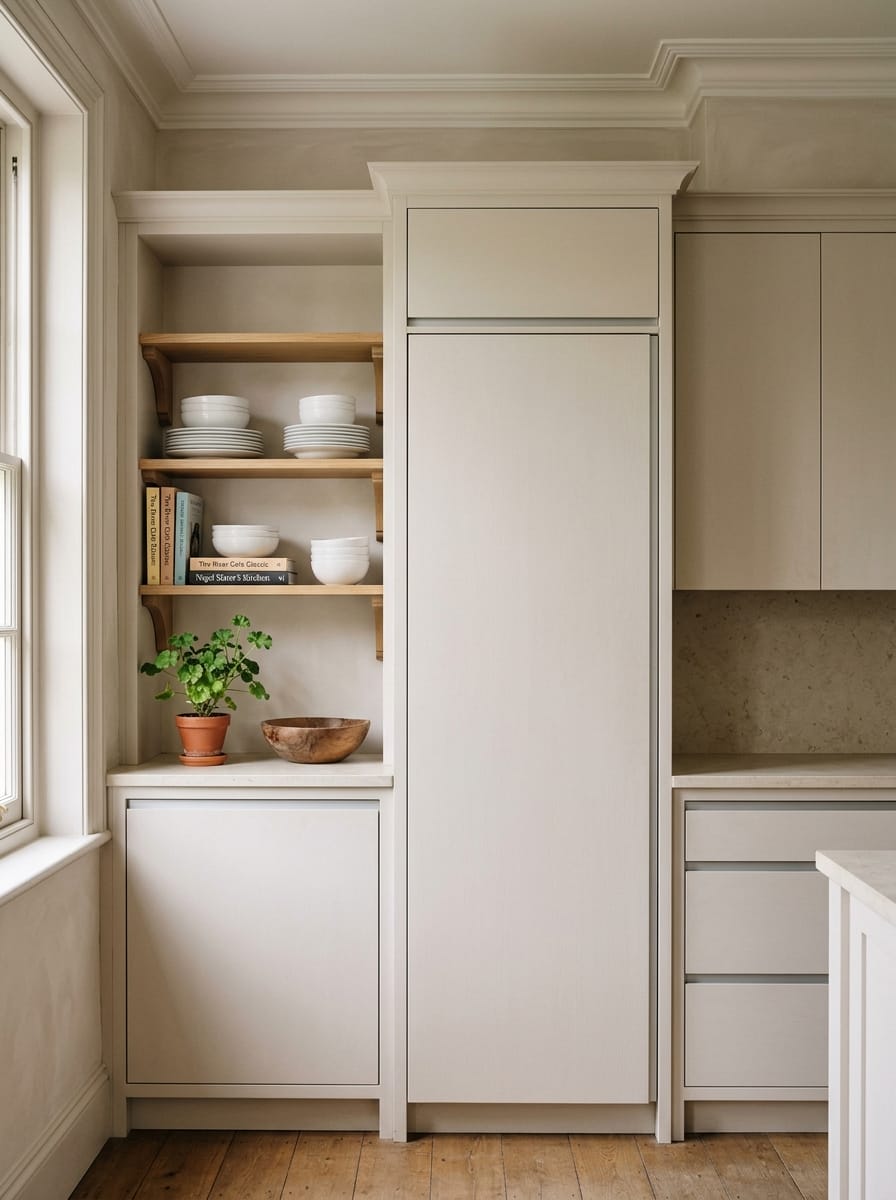 light cream kitchen with open wooden shelves displaying crockery and books