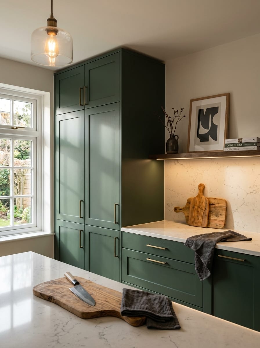Tall view of full-height bespoke kitchen cabinetry, matt painted handleless slab cabinetry