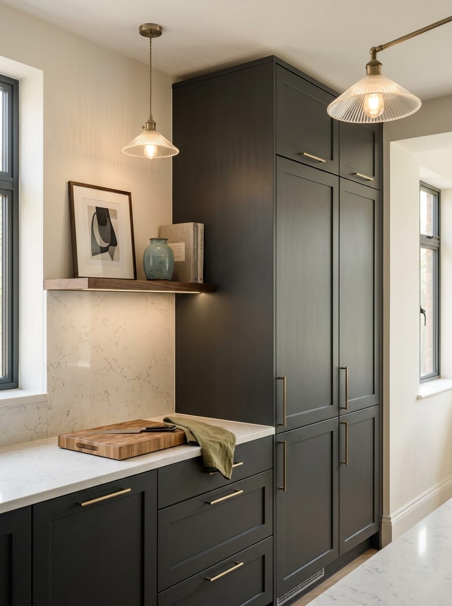 Tall view of full-height bespoke kitchen cabinetry, matt painted handleless slab cabinetry