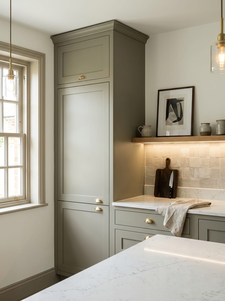 portrait1_600x800-383 Tall view of full-height bespoke kitchen cabinetry, matt painted handleless slab cabinetry