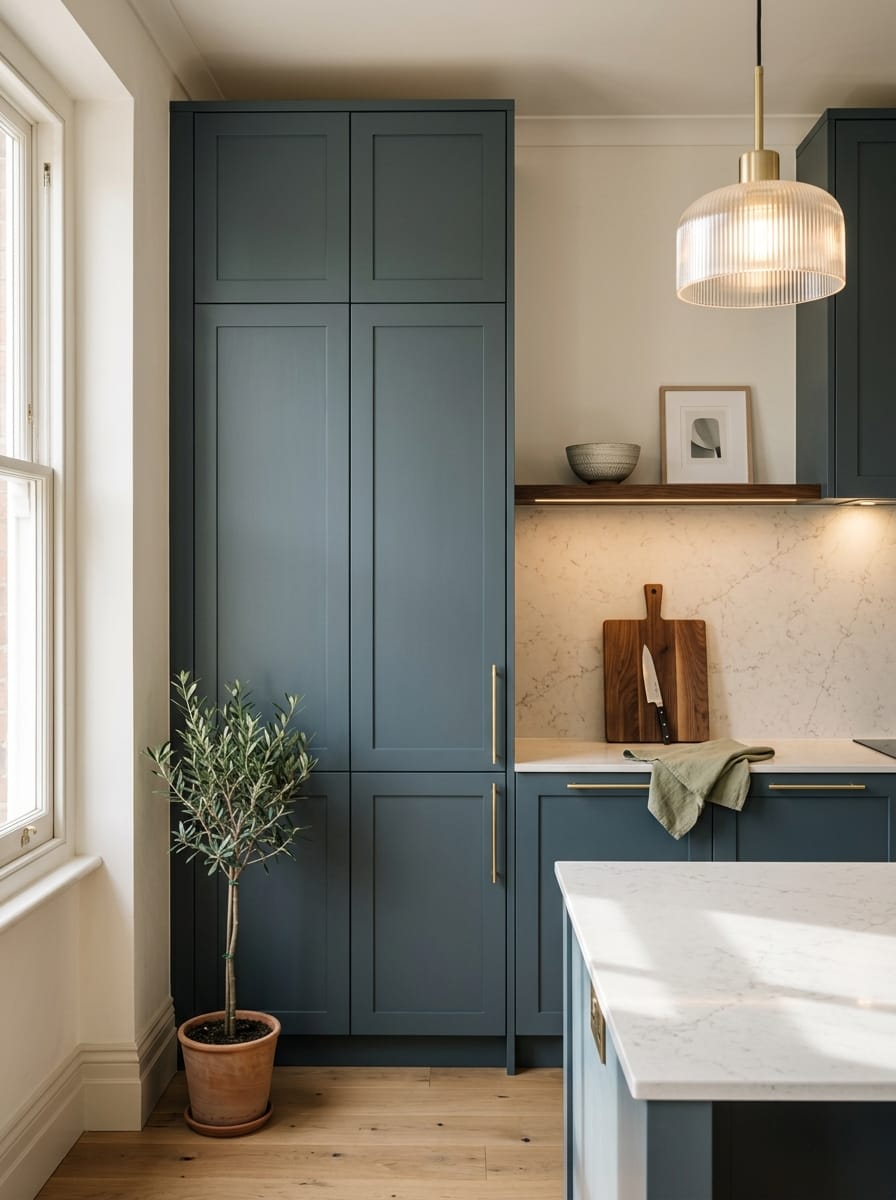 Tall view of full-height bespoke kitchen cabinetry, timber veneer slab-door cabinetry