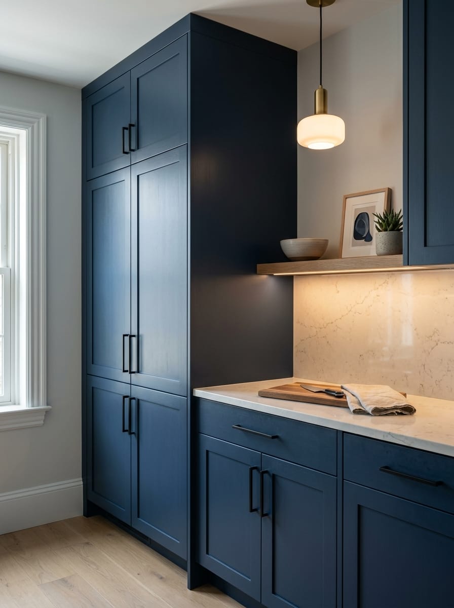 portrait1_600x800-386 Tall view of full-height bespoke kitchen cabinetry, matt painted handleless slab cabinetry