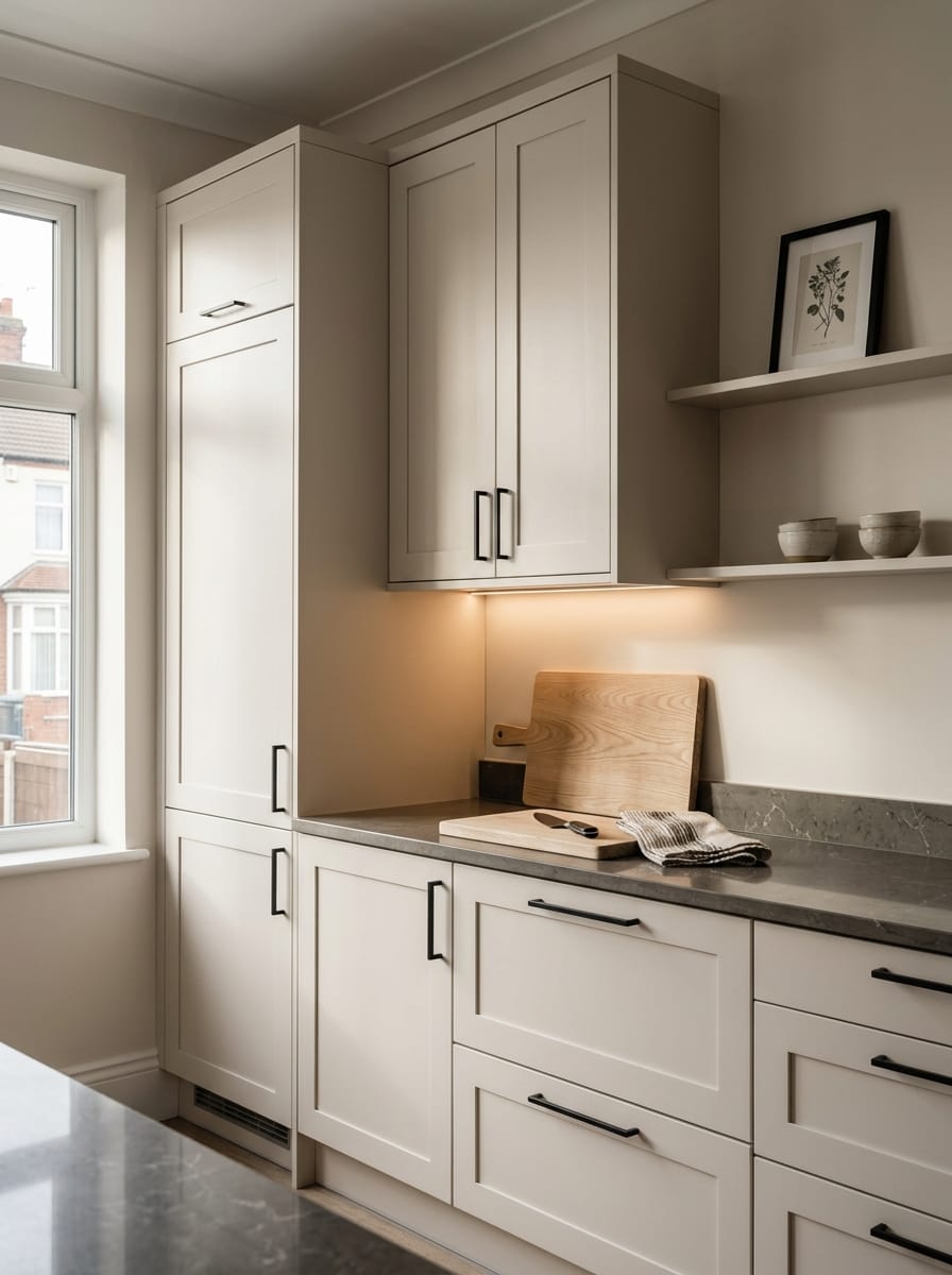 Tall view of full-height bespoke kitchen cabinetry, timber veneer slab-door cabinetry