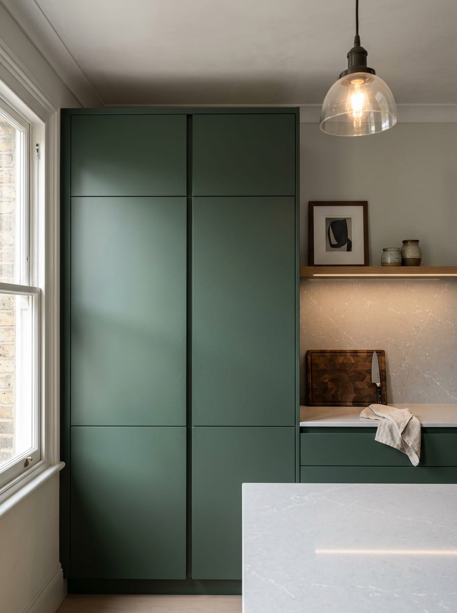 Tall view of full-height bespoke kitchen cabinetry, matt painted handleless slab cabinetry