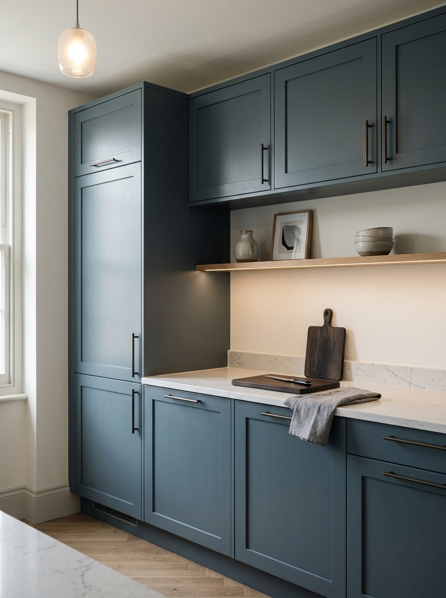 Tall view of full-height bespoke kitchen cabinetry, contemporary painted lay-on cabinetry