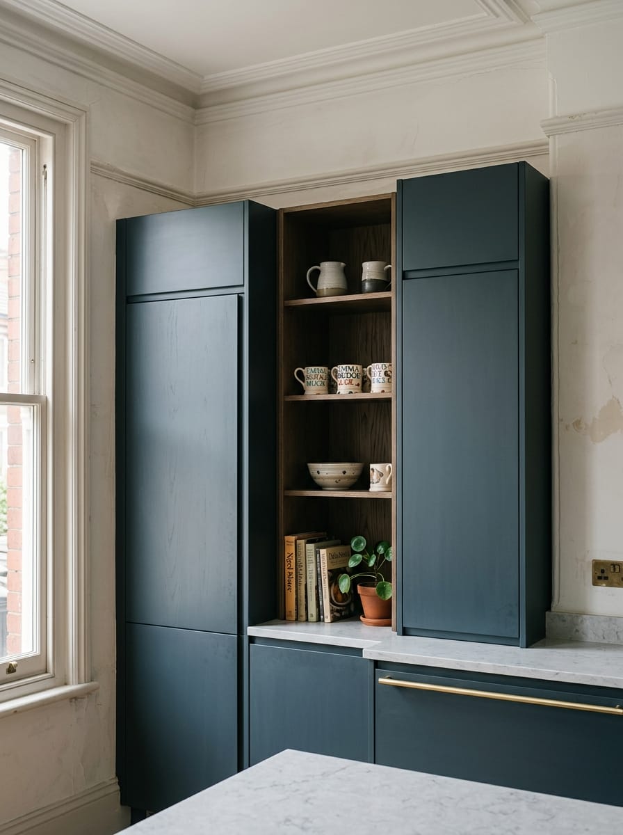matte dark blue cupboards with open wooden shelving and marble worktop