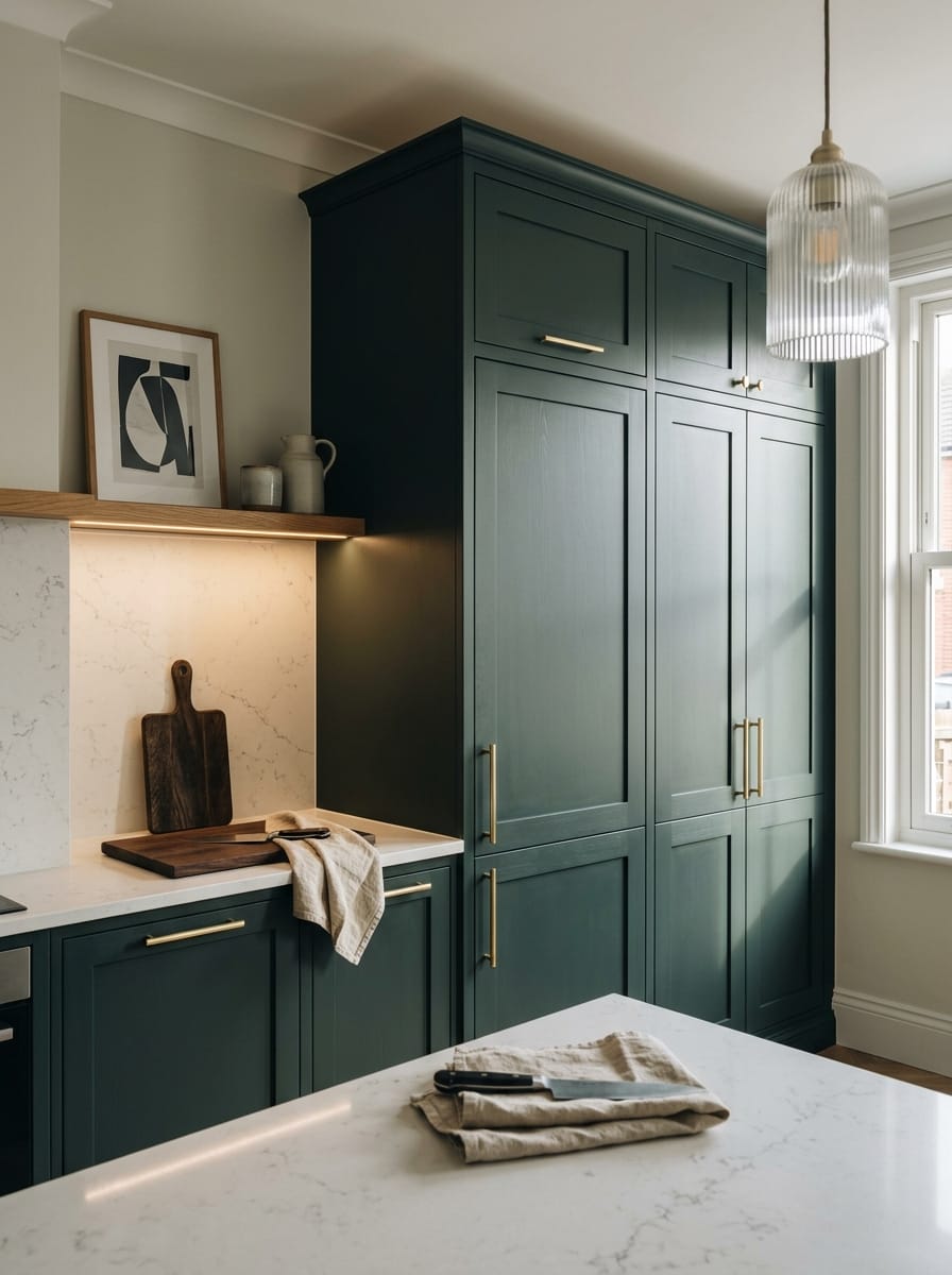 Tall view of full-height bespoke kitchen cabinetry, modern shaker cabinetry