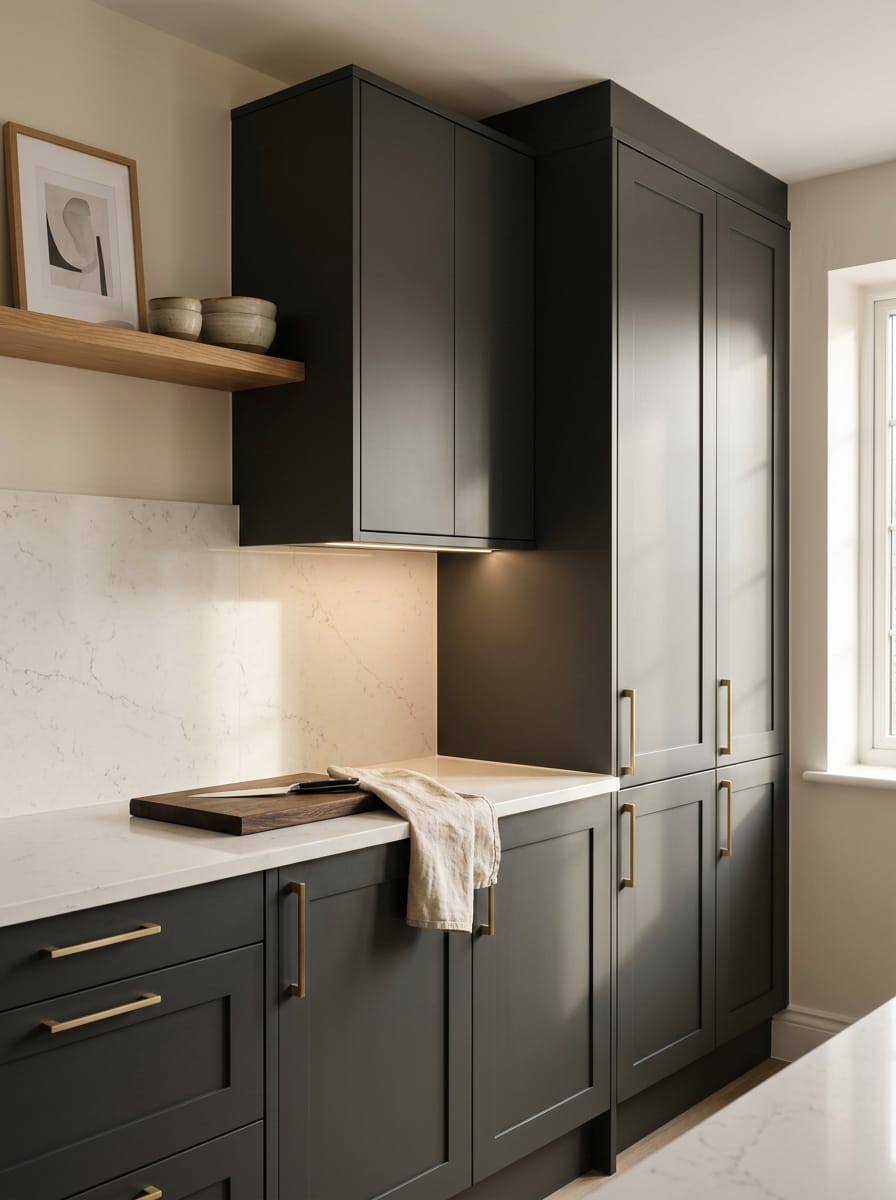 Tall view of full-height bespoke kitchen cabinetry, modern shaker cabinetry