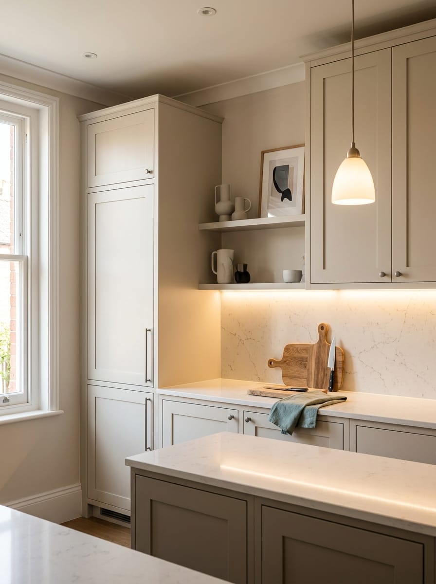 Tall view of full-height bespoke kitchen cabinetry, modern shaker cabinetry